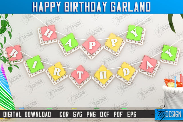 Happy Birthday Garland Laser Cut, Birthday Banner SVG, Birthday Wooden Garland, Bunting Banner SVG, Party Decoration, Wall Hanging Decor SVG Fly Design 