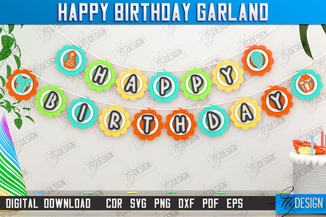 Happy Birthday Garland Laser Cut, Birthday Banner SVG, Birthday Wooden Garland, Bunting Banner SVG, Party Decoration, Wall Hanging Decor SVG Fly Design 