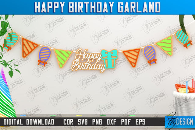 Happy Birthday Garland Laser Cut, Birthday Banner SVG, Birthday Wooden Garland, Bunting Banner SVG, Party Decoration, Wall Hanging Decor SVG Fly Design 