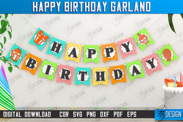 Happy Birthday Garland Laser Cut, Birthday Banner SVG, Birthday Wooden Garland, Bunting Banner SVG, Party Decoration, Wall Hanging Decor SVG Fly Design 