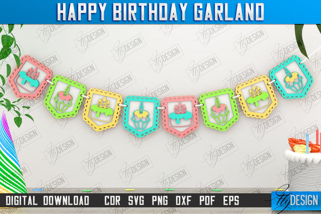 Happy Birthday Garland Laser Cut, Birthday Banner SVG, Birthday Wooden Garland, Bunting Banner SVG, Party Decoration, Wall Hanging Decor SVG Fly Design 