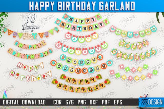 Happy Birthday Garland Laser Cut Bundle, Birthday Banner SVG, Birthday Wooden Garland, Bunting Banner SVG, Party Decoration, Wall Hanging Decor SVG Fly Design 