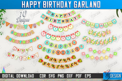 Happy Birthday Garland Laser Cut Bundle, Birthday Banner SVG, Birthday Wooden Garland, Bunting Banner SVG, Party Decoration, Wall Hanging Decor SVG Fly Design 