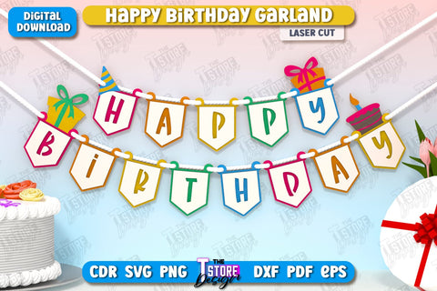 Happy Birthday Garlands Laser Cut Bundle | Birthday Banners | Birthday Decorations | Birthday Party | Happy Birthday Bunting Banners | CNC Files SVG The T Store Design 