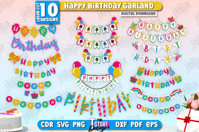 Happy Birthday Garlands Laser Cut Bundle | Birthday Banners | Birthday Decorations | Birthday Party | Happy Birthday Bunting Banners | CNC Files SVG The T Store Design 
