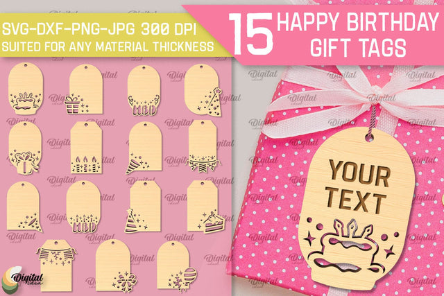 Happy Birthday Gift Tags LaserCut Bundle. Gift Hang Tags SVG SVG Evgenyia Guschina 