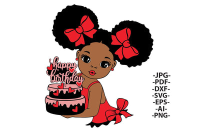 Happy Birthday Girl SVG Afro Puffs Red Bows Holding Cake Clipart PNG PDF EPS DXF AI JPG Cute Celebration Design for Cricut Birthday Party Projects SVG 1uniqueminute 