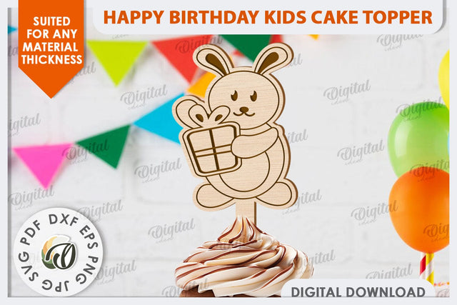 Happy Birthday Kids Cake Topper Laser Cut. Bunny SVG SVG Evgenyia Guschina 