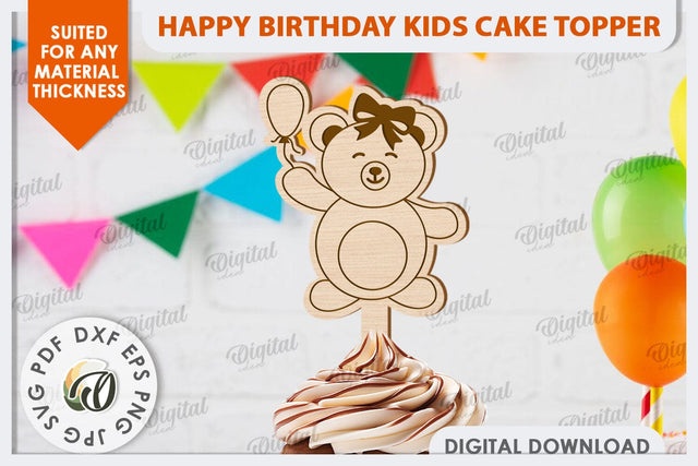 Happy Birthday Kids Cake Topper Laser Cut. Cute Bear SVG SVG Evgenyia Guschina 