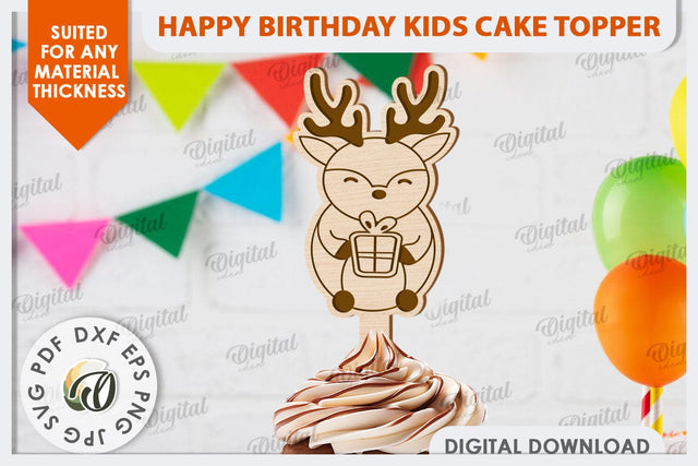 Happy Birthday Kids Cake Topper Laser Cut. Cute Deer SVG SVG Evgenyia Guschina 