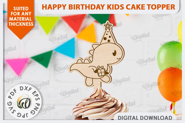 Happy Birthday Kids Cake Topper Laser Cut. Cute Dino SVG SVG Evgenyia Guschina 