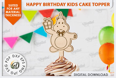 Happy Birthday Kids Cake Topper Laser Cut. Hippo SVG SVG Evgenyia Guschina 
