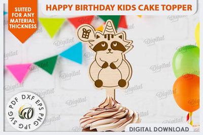 Happy Birthday Kids Cake Topper Laser Cut. Raccoon SVG SVG Evgenyia Guschina 