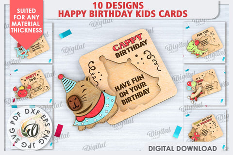Happy Birthday Kids Cards LaserCut Bundle. Greeting Cards SVG Evgenyia Guschina 