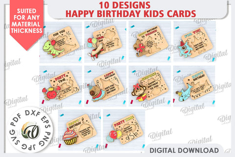 Happy Birthday Kids Cards LaserCut Bundle. Greeting Cards SVG Evgenyia Guschina 