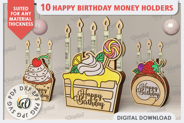 Happy Birthday Money Holders Laser Cut Bundle. Birthday Gift SVG Evgenyia Guschina 