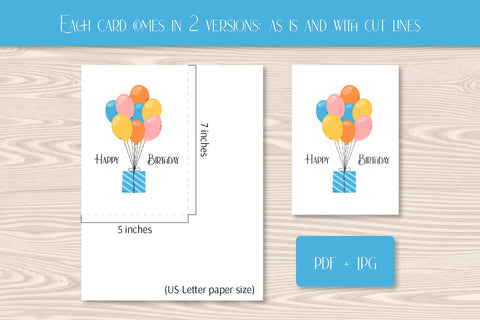 Happy Birthday Printable Cards | Cute Greeting Card PDF & JPG Digital Download 5x7 | Illustrated Birthday Balloons, Gifts, Cake | Kids BDay Sublimation AnnaViolet_store 