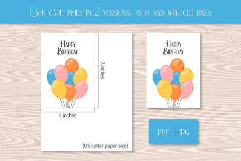 Happy Birthday Printable Cards | Cute Greeting Card PDF & JPG Digital Download 5x7 | Illustrated Birthday Balloons, Gifts, Cake | Kids BDay Sublimation AnnaViolet_store 