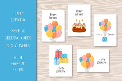 Happy Birthday Printable Cards | Cute Greeting Card PDF & JPG Digital Download 5x7 | Illustrated Birthday Balloons, Gifts, Cake | Kids BDay Sublimation AnnaViolet_store 