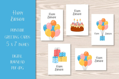 Happy Birthday Printable Cards | Cute Greeting Card PDF & JPG Digital Download 5x7 | Illustrated Birthday Balloons, Gifts, Cake | Kids BDay Sublimation AnnaViolet_store 