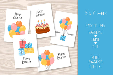 Happy Birthday Printable Cards | Cute Greeting Card PDF & JPG Digital Download 5x7 | Illustrated Birthday Balloons, Gifts, Cake | Kids BDay Sublimation AnnaViolet_store 
