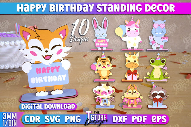 Happy Birthday Standing Decor Bundle | Animals Shape | Table Statuette | Wooden Figurine | CNC Files SVG The T Store Design 