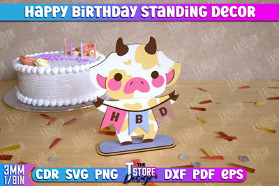 Happy Birthday Standing Decor | Cow Shape | Table Statuette | Wooden Figurine | CNC File SVG The T Store Design 