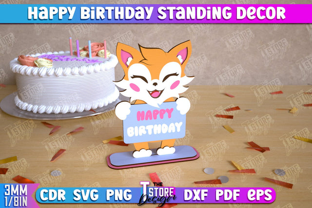 Happy Birthday Standing Decor | Fox Shape | Table Statuette | Wooden Figurine | CNC File SVG The T Store Design 