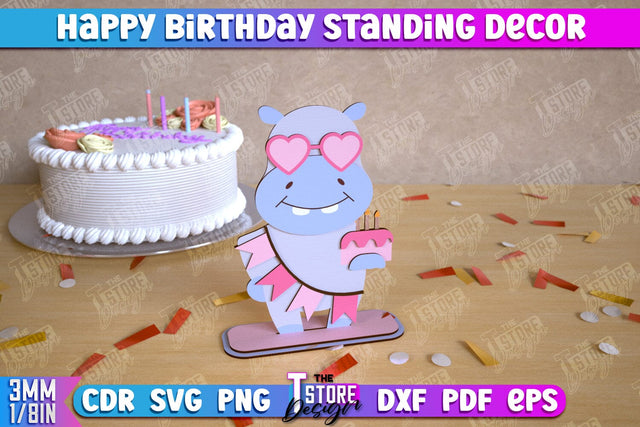 Happy Birthday Standing Decor | Hippopotamus Shape | Table Statuette | Wooden Figurine | CNC File SVG The T Store Design 