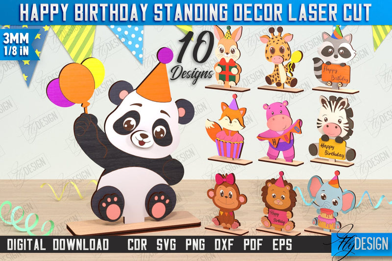 Happy Birthday Standing Decor Laser Cut Bundle | Animals Shape | Table Statuette | Wooden Figurine | CNC Files SVG Fly Design 