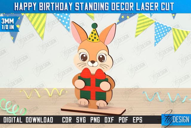 Happy Birthday Standing Decor Laser Cut | Bunny Shape | Table Statuette | Wooden Figurine | CNC File SVG Fly Design 