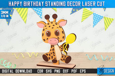 Happy Birthday Standing Decor Laser Cut | Giraffe Shape | Table Statuette | Wooden Figurine | CNC File SVG Fly Design 