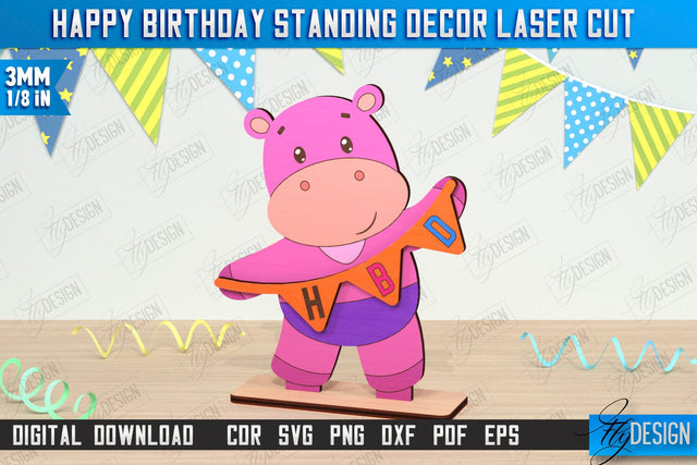Happy Birthday Standing Decor Laser Cut | Hippo Shape | Zebra Statuette | Wooden Figurine | CNC File SVG Fly Design 