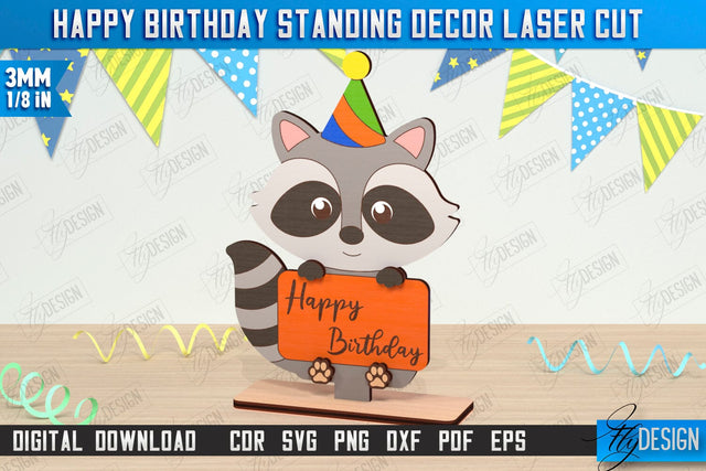 Happy Birthday Standing Decor Laser Cut | Raccoon Shape | Table Statuette | Wooden Figurine | CNC File SVG Fly Design 
