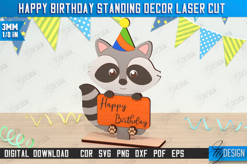 Happy Birthday Standing Decor Laser Cut | Raccoon Shape | Table Statuette | Wooden Figurine | CNC File SVG Fly Design 