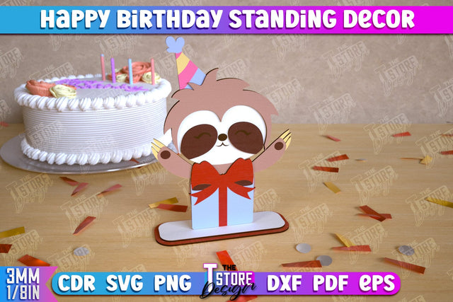 Happy Birthday Standing Decor | Sloth Shape | Table Statuette | Wooden Figurine | CNC File SVG The T Store Design 