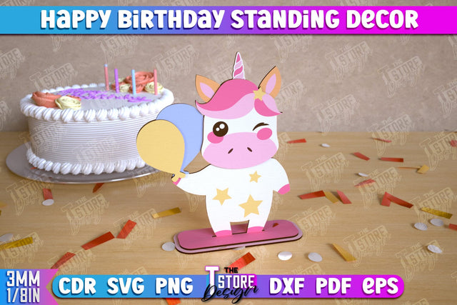 Happy Birthday Standing Decor | Unicorn Shape | Table Statuette | Wooden Figurine | CNC File SVG The T Store Design 