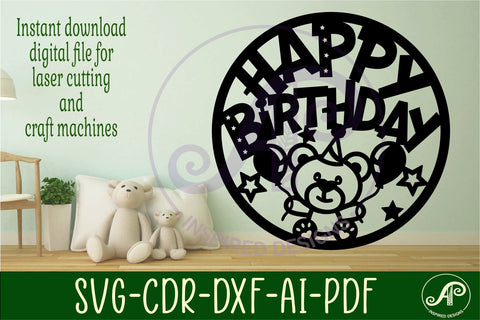 Happy birthday Teddy bear wall sign svg laser cut file SVG APInspireddesigns 