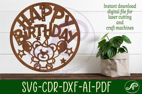 Happy birthday Teddy bear wall sign svg laser cut file SVG APInspireddesigns 