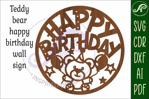 Happy birthday Teddy bear wall sign svg laser cut file SVG APInspireddesigns 