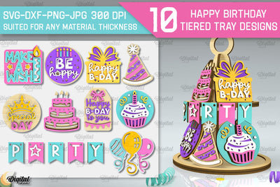 Happy Birthday Tiered Tray Laser Cut Bundle. B-Day Decor SVG SVG Evgenyia Guschina 