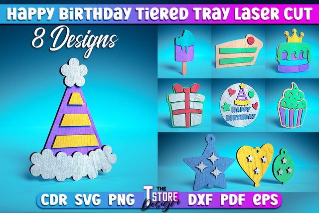 Happy Birthday Tiered Tray Laser Cut | Tiered Tray Laser Cut Design | CNC Files SVG The T Store Design 