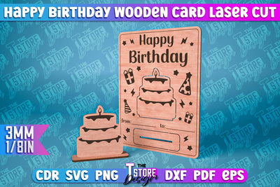 Happy Birthday Wooden Card Laser Cut | Greeting Card Design | CNC Files SVG The T Store Design 