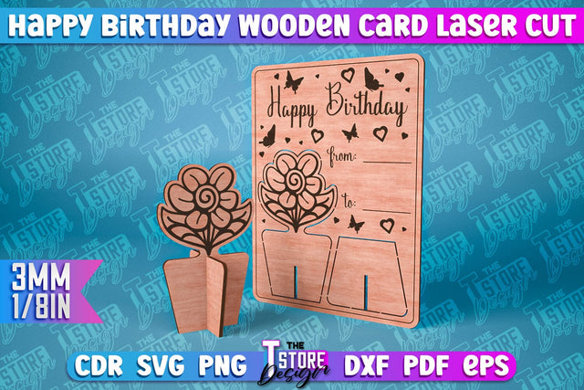 Happy Birthday Wooden Card Laser Cut | Greeting Card Design | CNC Files SVG The T Store Design 