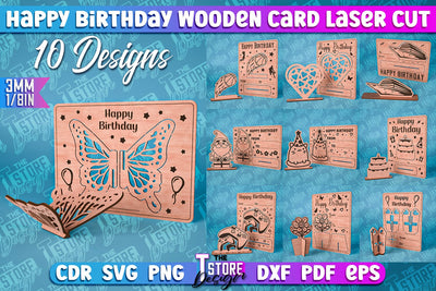 Happy Birthday Wooden Card Laser Cut | Greeting Card Design | CNC Files SVG The T Store Design 