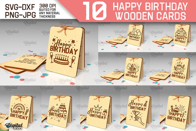 Happy Birthday wooden Cards Laser Cut Bundle. Greeting Cards SVG Evgenyia Guschina 