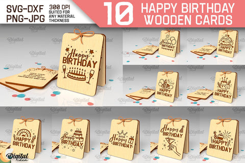 Happy Birthday wooden Cards Laser Cut Bundle. Greeting Cards SVG Evgenyia Guschina 