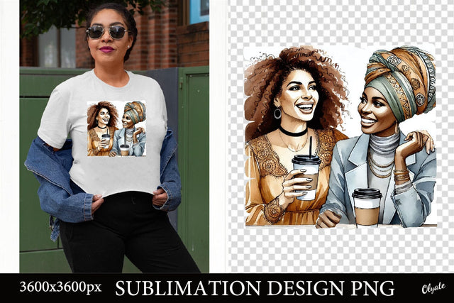 Happy Black Woman with Coffee Sublimation PNG Sublimation Olga Terlyanskaya 
