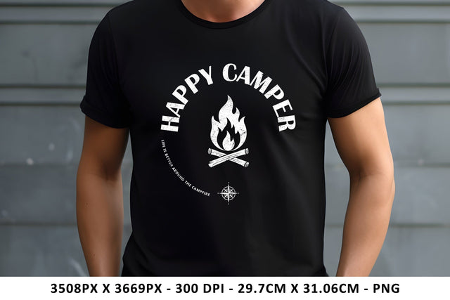 Happy Camper Campfire Black & White Png Sublimation Karma Genie Graphics 