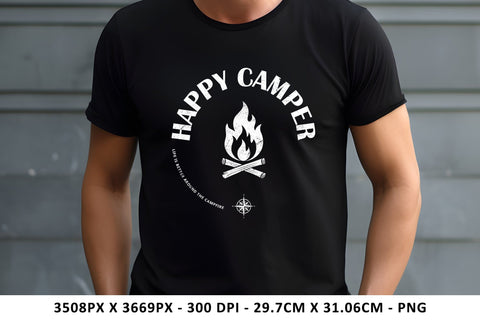 Happy Camper Campfire Black & White Png Sublimation Karma Genie Graphics 